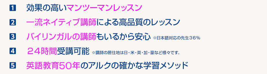 【1】効果の高いマンツーマンレッスン【2】一流ネイティブ講師による高品質レッスン【3】日本語対応のバイリンガル講師もいるから安心!【4】24時間レッスン可能【5】英語教育45年のアルクならではの確かなメソッド